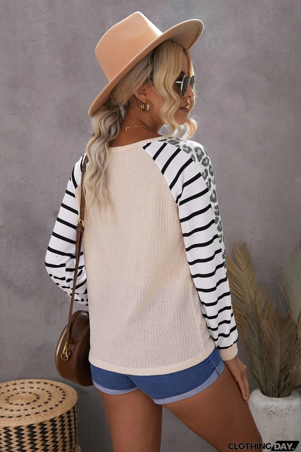 Animal Striped Sleeve Patchwork Waffle Knit Top
