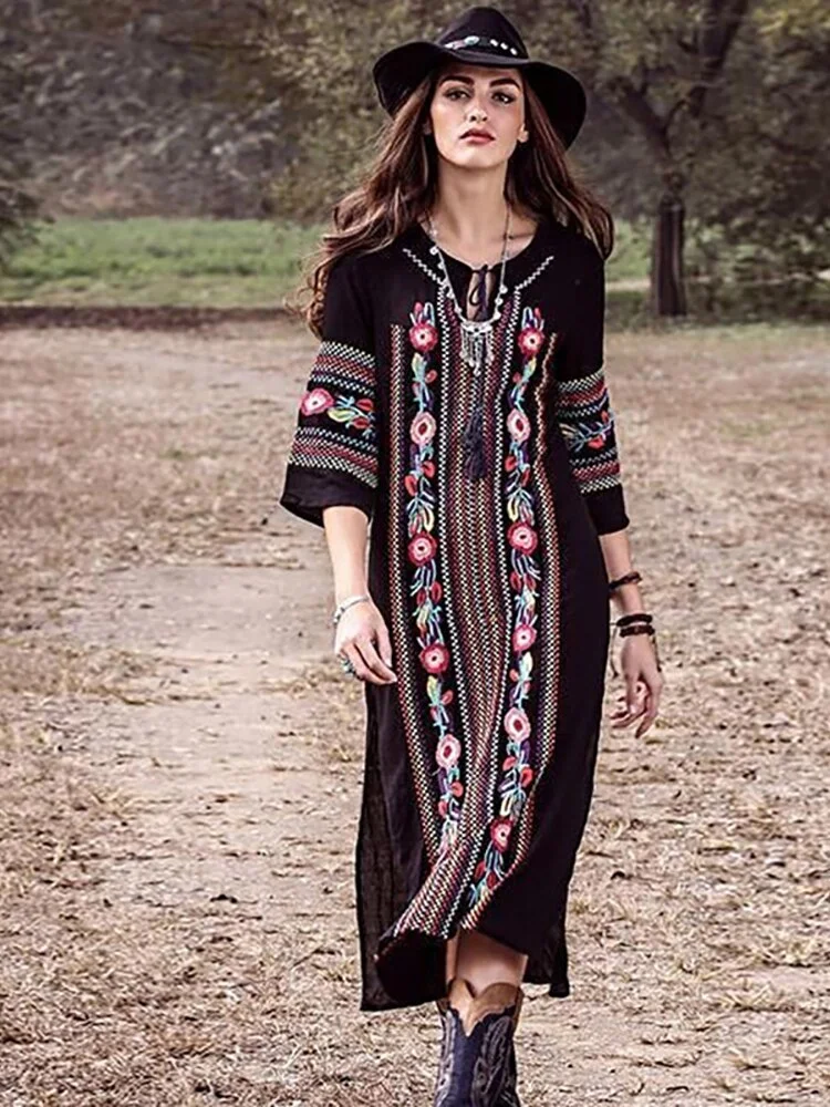 Fitshinling Ethnic Style Embroidery Beach Dress Holiday Vintage Side Split Black Pareos 2020 Bohemian Slim Dresses For Women New