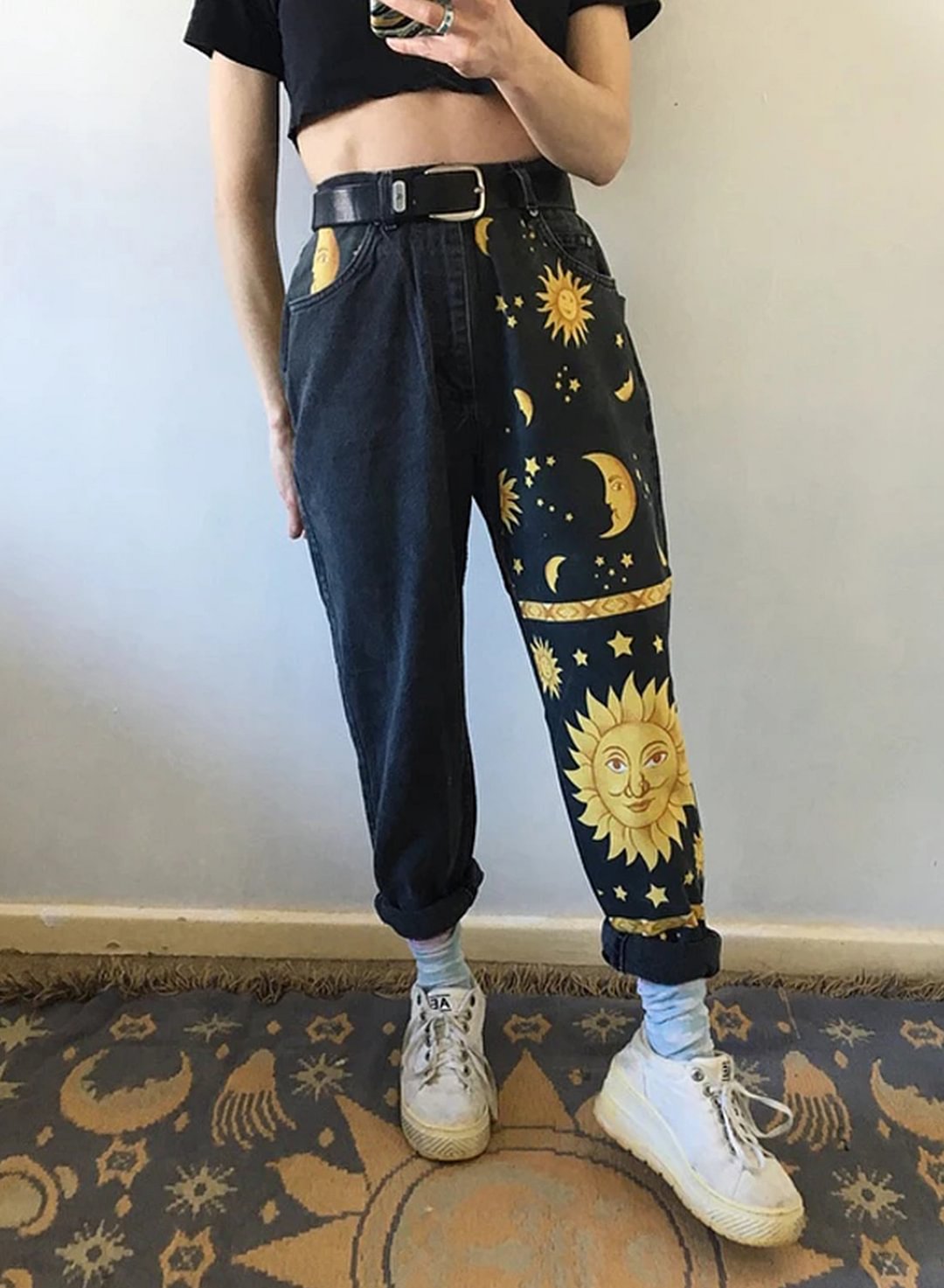 sun and moon printed jeans