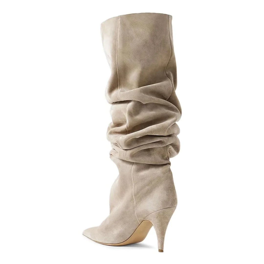 Taupe Cone Heel Pointed Toe Slouch Boots Women