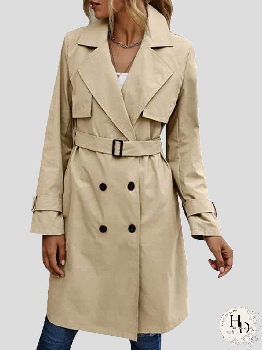 Coats Lapel Button Belt Long Trench Coat for Women