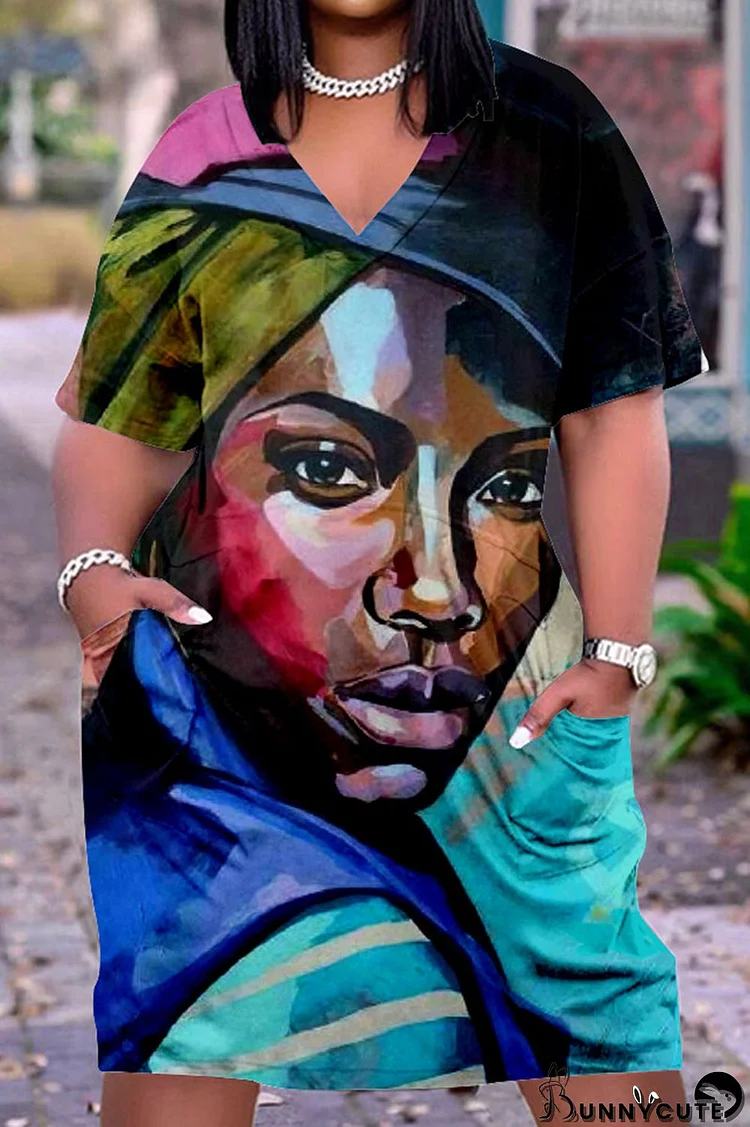 Colorful Blue Casual Street Print Patchwork V Neck Straight Dresses