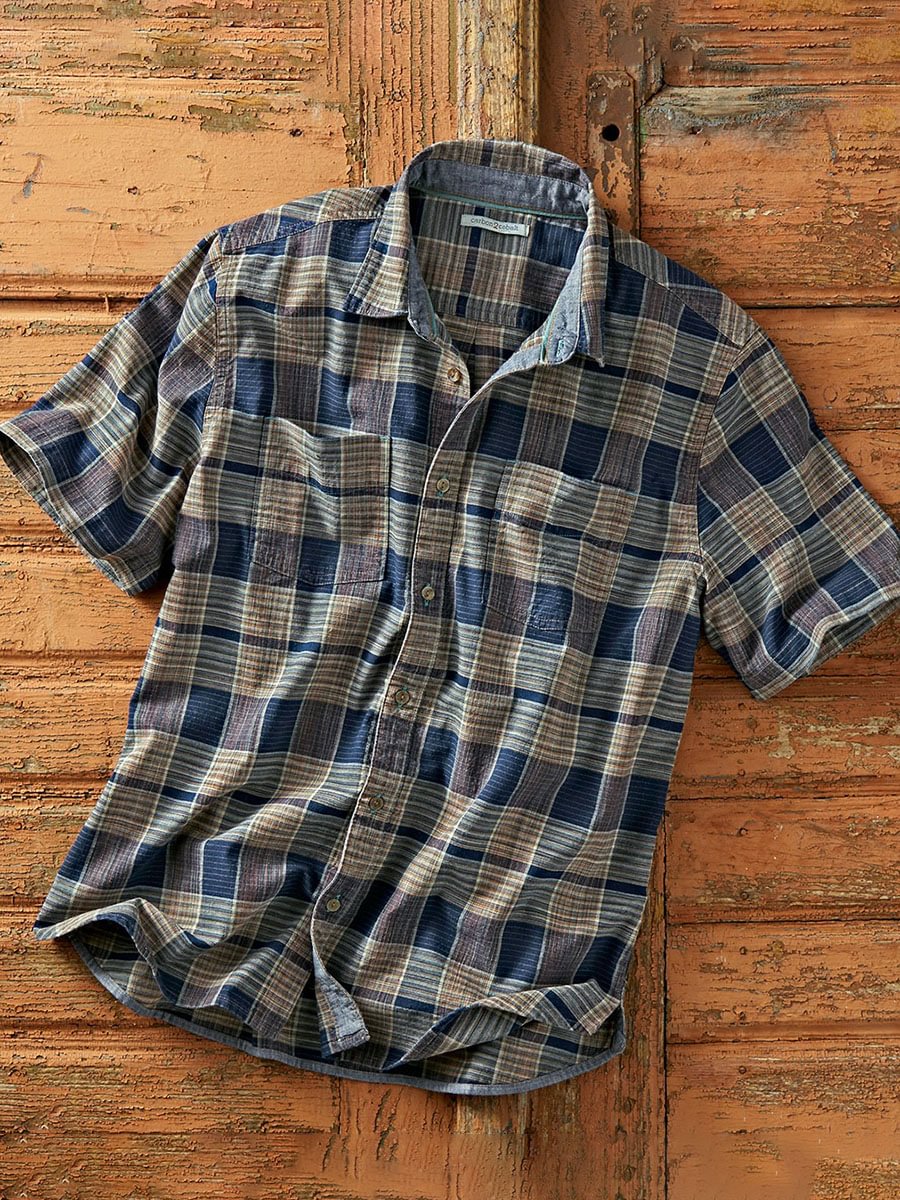 Men's Plaid Patch Pocket Short-Sleeved Cotton and Linen Shirt