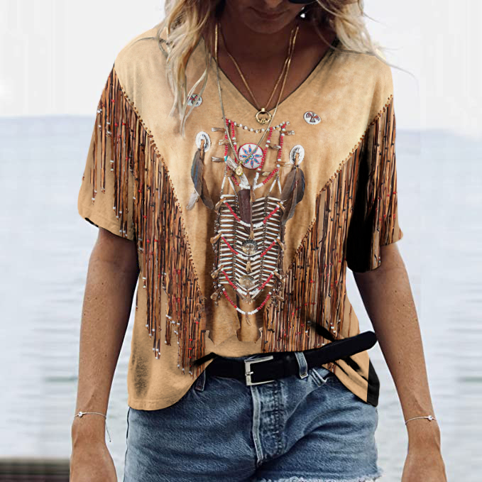 Comstylish Western Vintage Tassels Art V Neck Casual T-Shirt