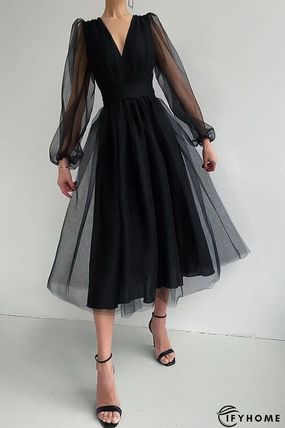 V Neck Tulle Long Sleeve Midi Dress | IFYHOME