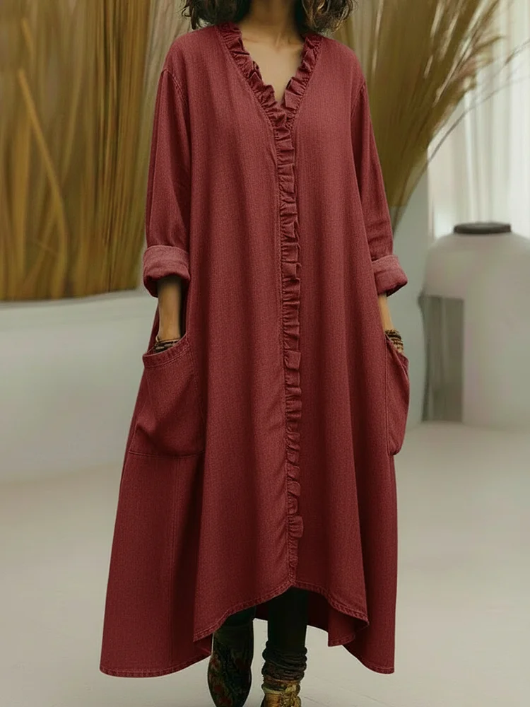 Casual Lace-trimmed V-neck Denim Dress socialshop