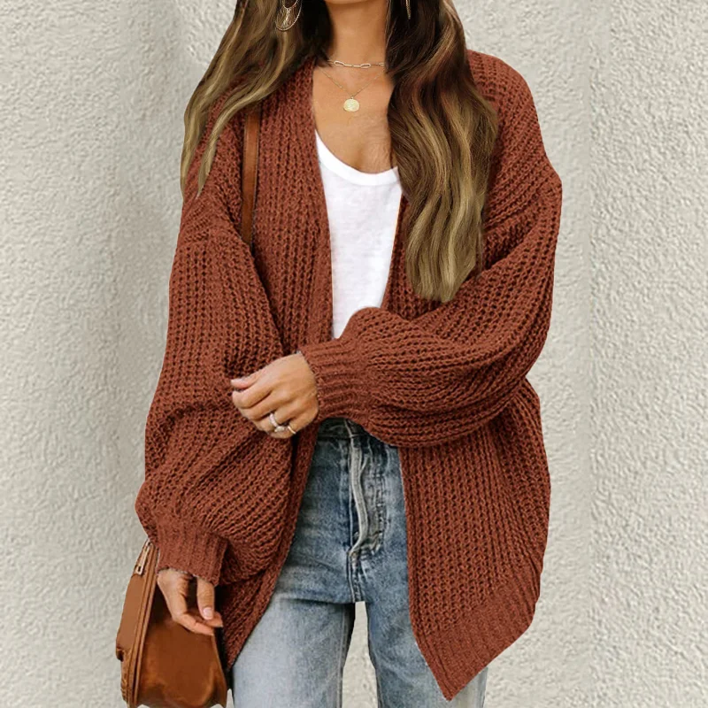 Lantern Sleeve Thick Pocket Knitted Sweater Cardigan