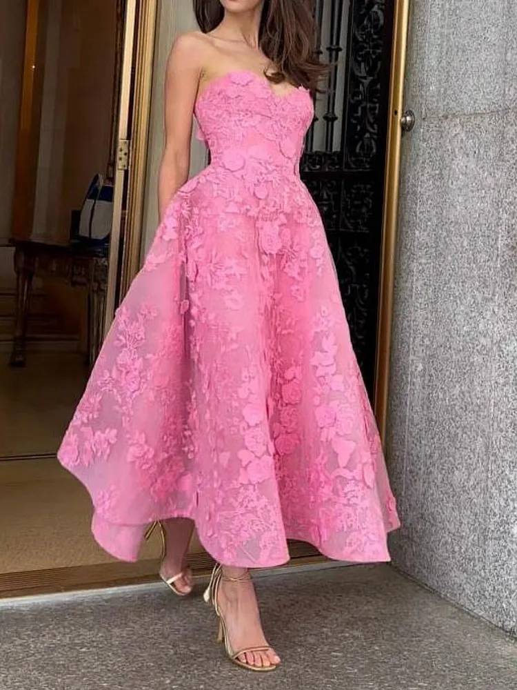 strapless lace tea length dress Strapless Lace Midi Dress With Flared Skirt JB48460