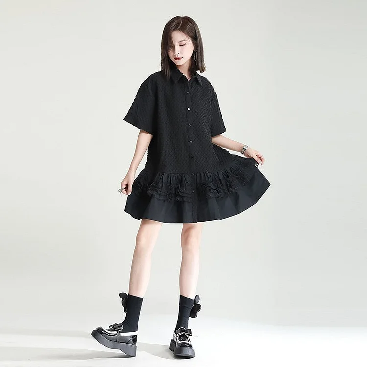 Chic Loose Solid Color Turn-down Collar Patchwork Gauze Hem Short Sleeve Dress         