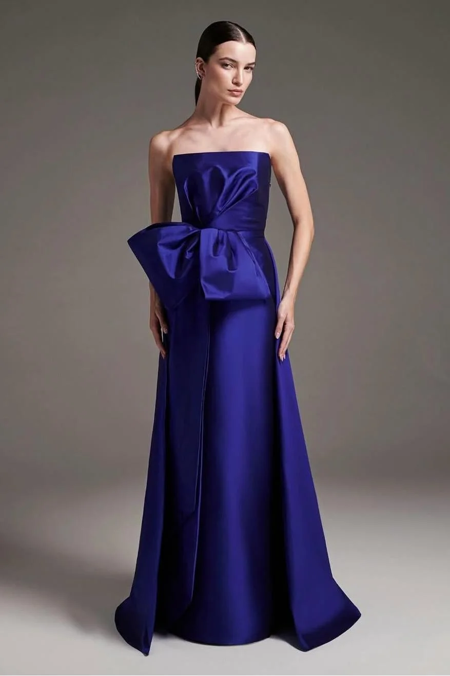Miabel Chic Royal Blue Satin Strapless Sleeveless Long Pleated Prom Dress with Bow 