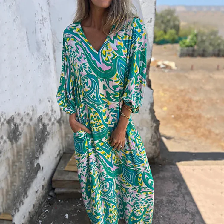 🌸Spring Specials 50% Off🌸Women's Bohemian V-Neck Abstract Printed Maxi Dress