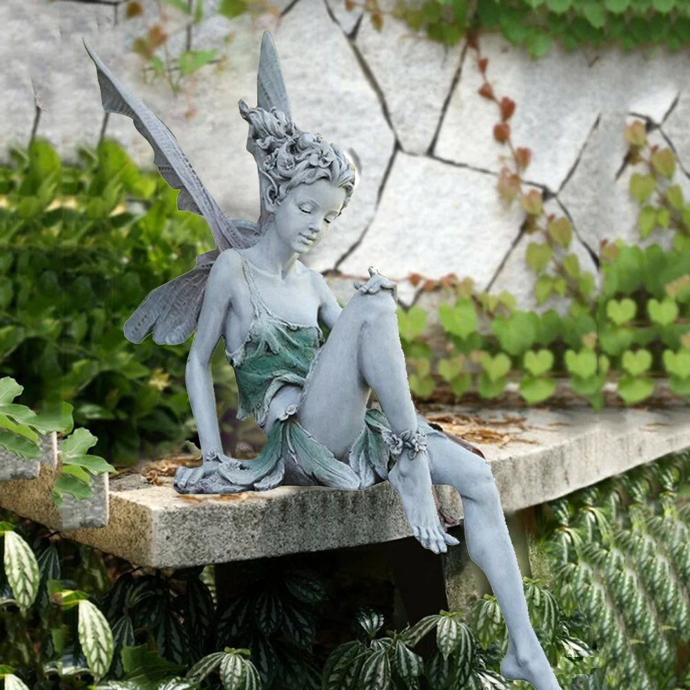Flower Fairy Sculpture Yard Landscaping Resin Turek Sitting Statue (White)