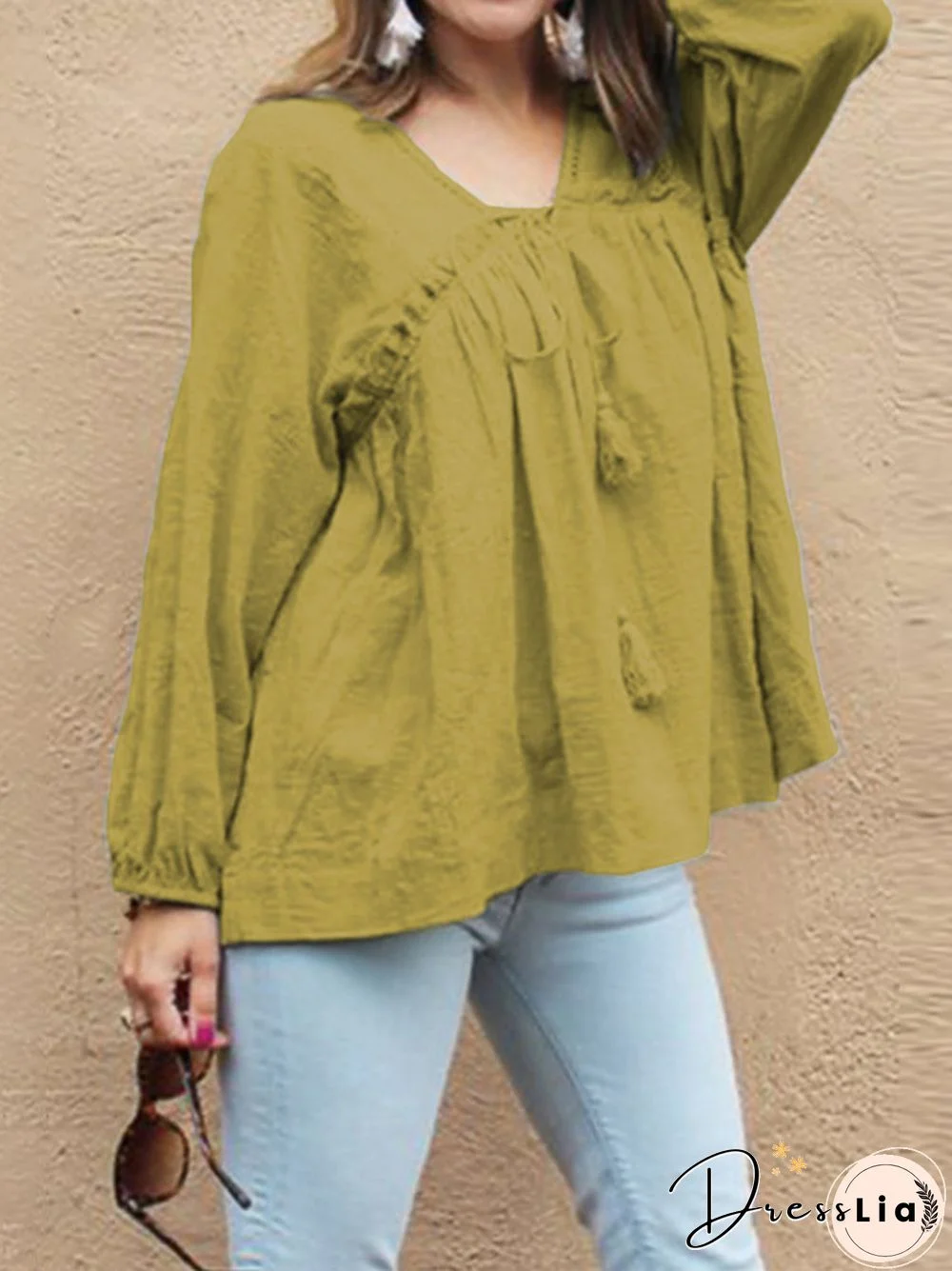 Solid Color Bandage Long Sleeve Loose Blouse For Women