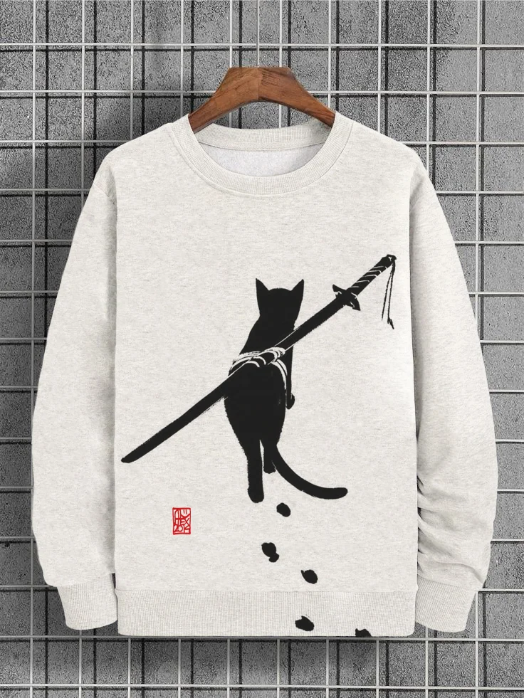 Men's Colorblock Japanese Samurai Cat Printed Casual Sweatshirt