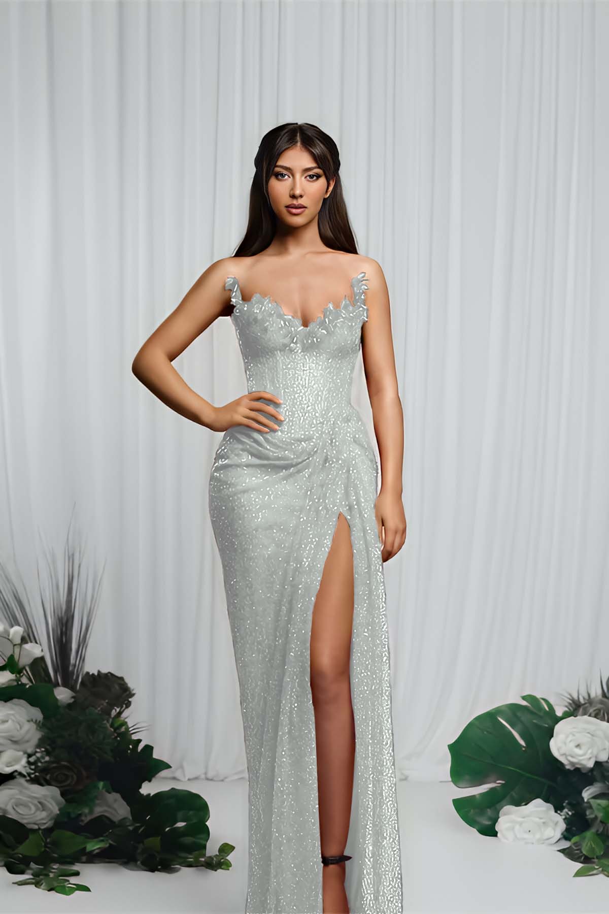 Hidais Strapless Sleeveless Mermaid Prom Dress With High Split Pleated