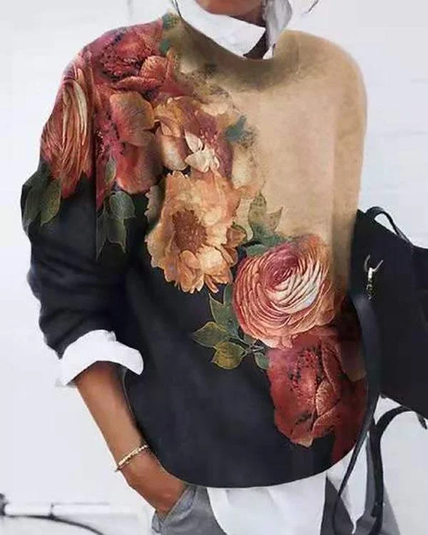 Women Flower Printed  Color Block Long Sleeve Tops