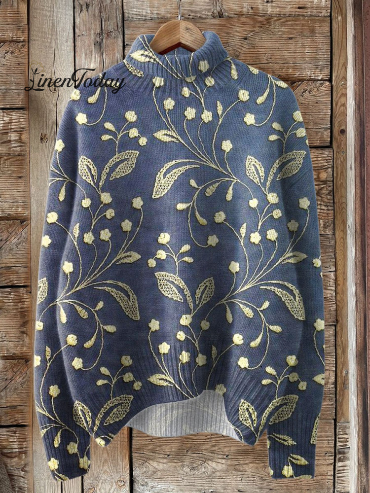 Vintage Lovely Floral Art Print Knit Turtleneck Pullover Sweater Multicolor / S