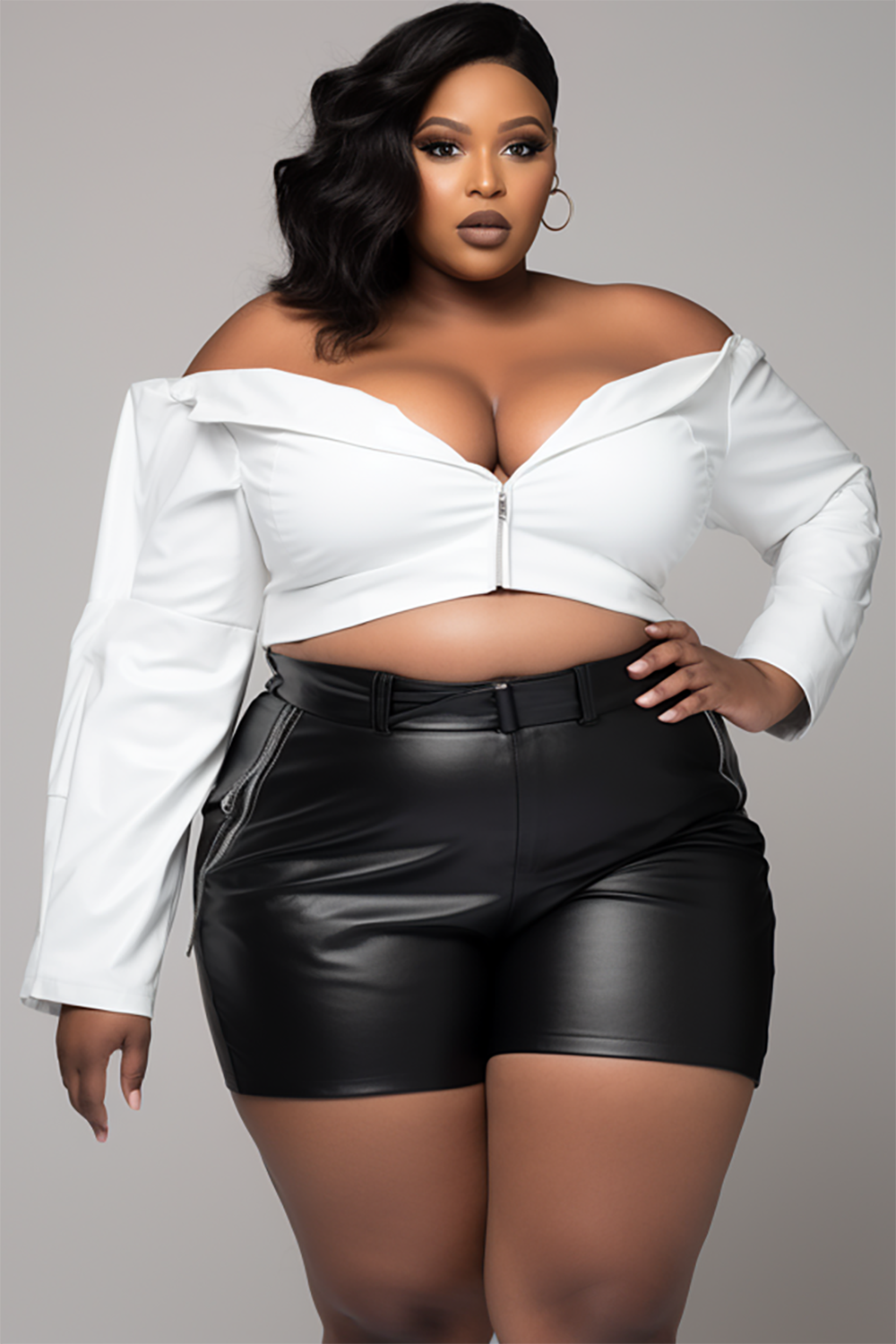 Design Plus Size Daily White Off The Shoulder Long Sleeve Zipper Blouse [Pre-Order]