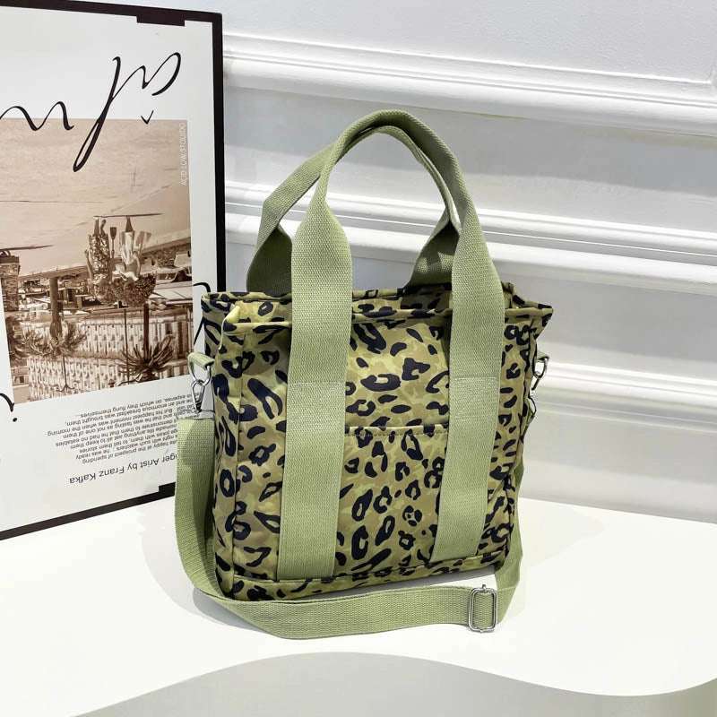 Women’s Nylon Leopard Classic Style Square Zipper Tote Bag