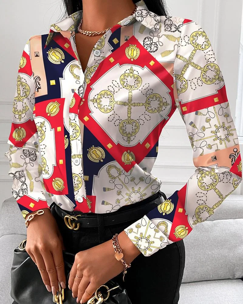 New Chain Print Women Tops And Blouses Fashion Turn-down Collar Long Sleeve Casual Plus Size Elegant Office Work Lady Shirts