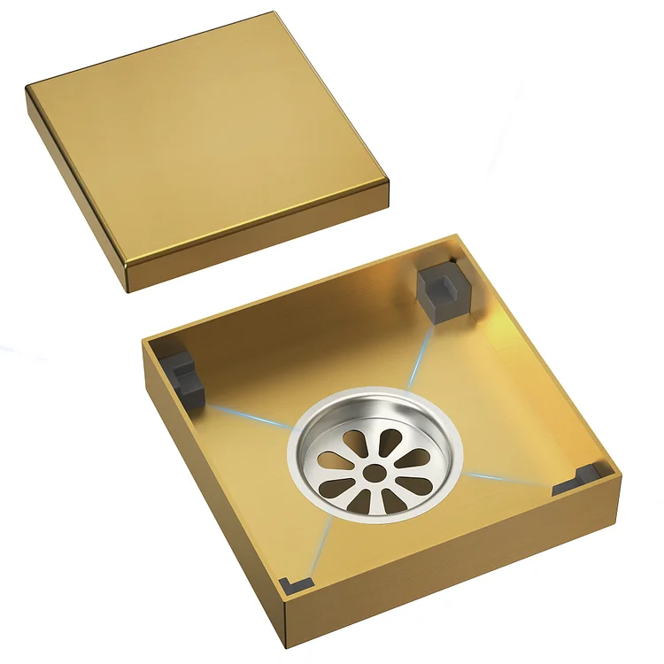 SFS-3065-GD The EVERSTEIN brushed gold 4-inch square stainless steel floor drain