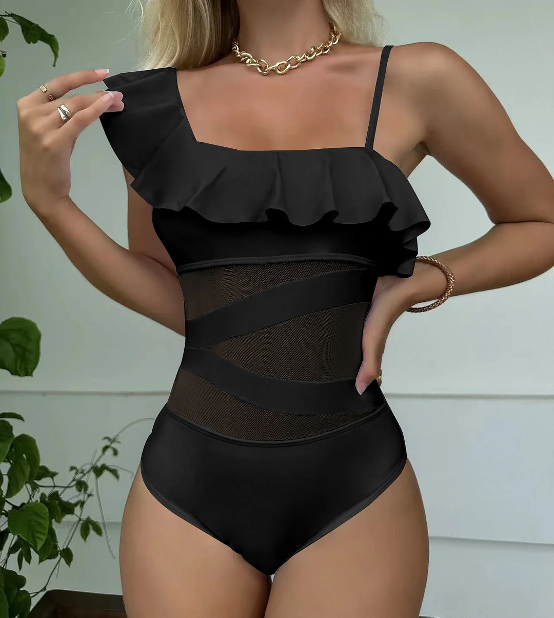 Uveng 2023 Sexy New Lotus Edge Mesh Splicing Body Swimsuit Swimsuit