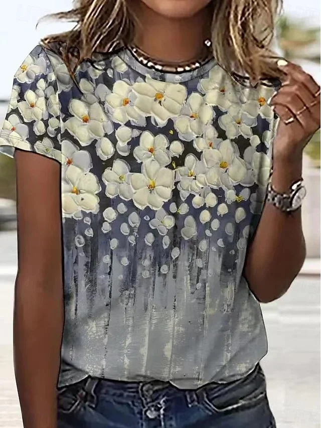 Women's Floral Print Yellow Fashionable Round Neck Women's T-Shirt socialshop