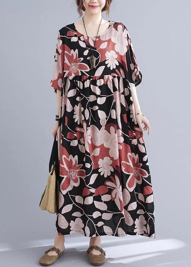Organic Black Print O-Neck Linen Cotton Maxi Summer Cotton Dress