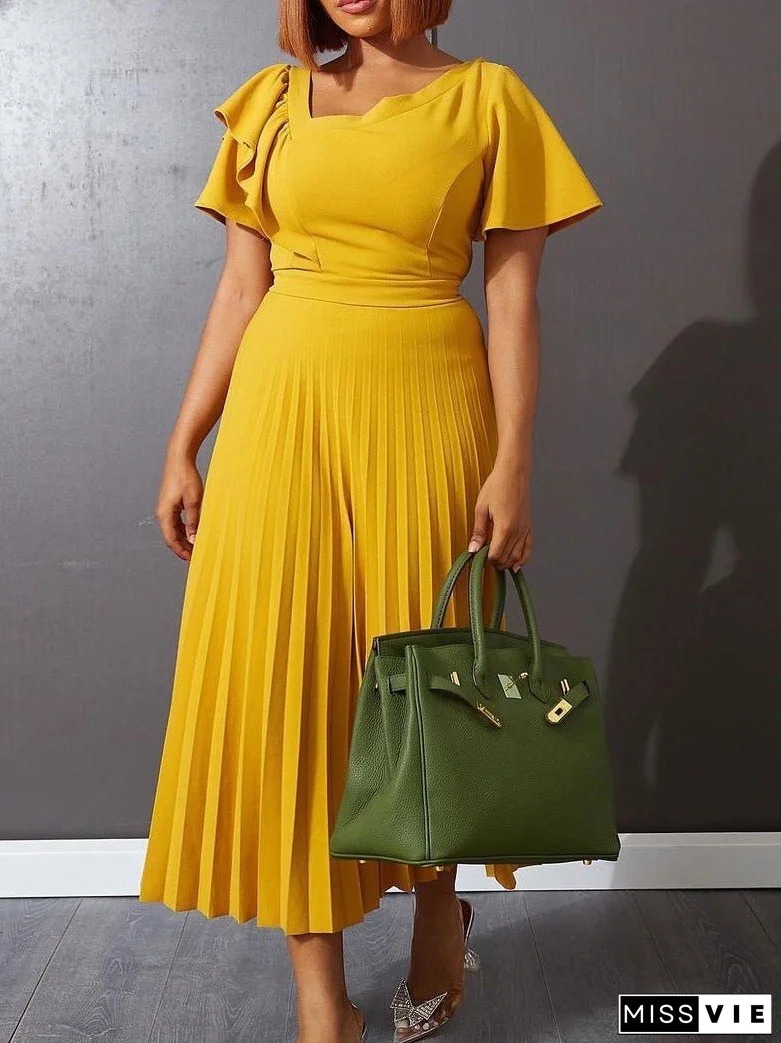 Ruffled Pleated Short Sleeve Dress