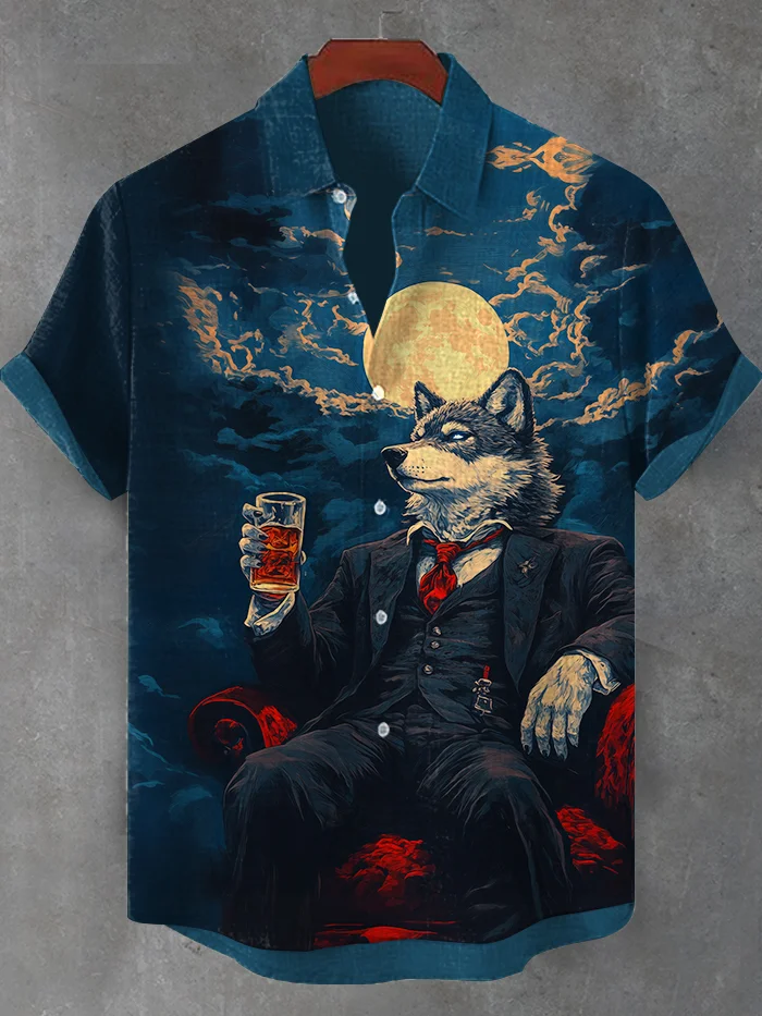 Men's Wolf King Drinks Whiskey Moonlit Night Art Shirt