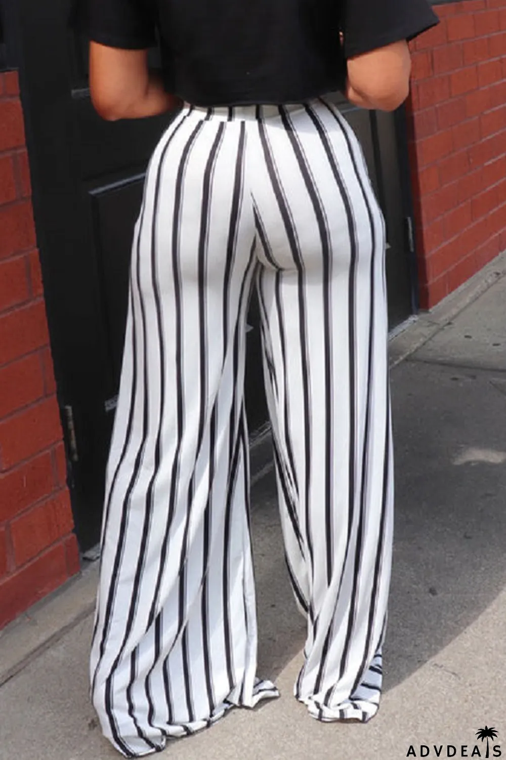 Black Casual Striped Print High Waist Straight Full Print Bottoms