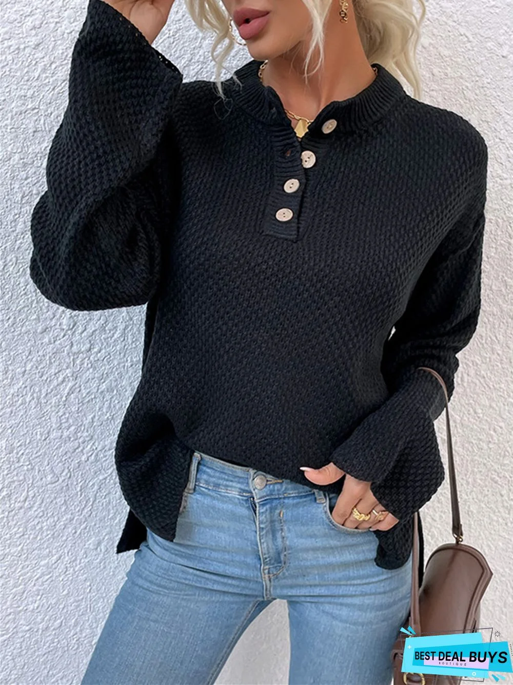 Casual Solid Color Sweater with Round Neck and Buttons
