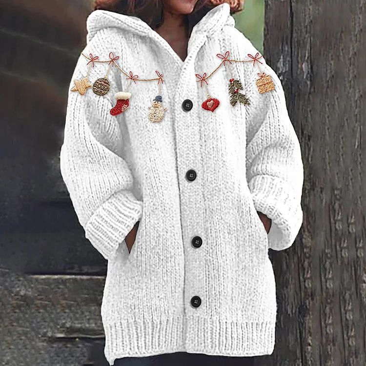 Women's Christmas Embroidery Art Button Down Cozy Sweater