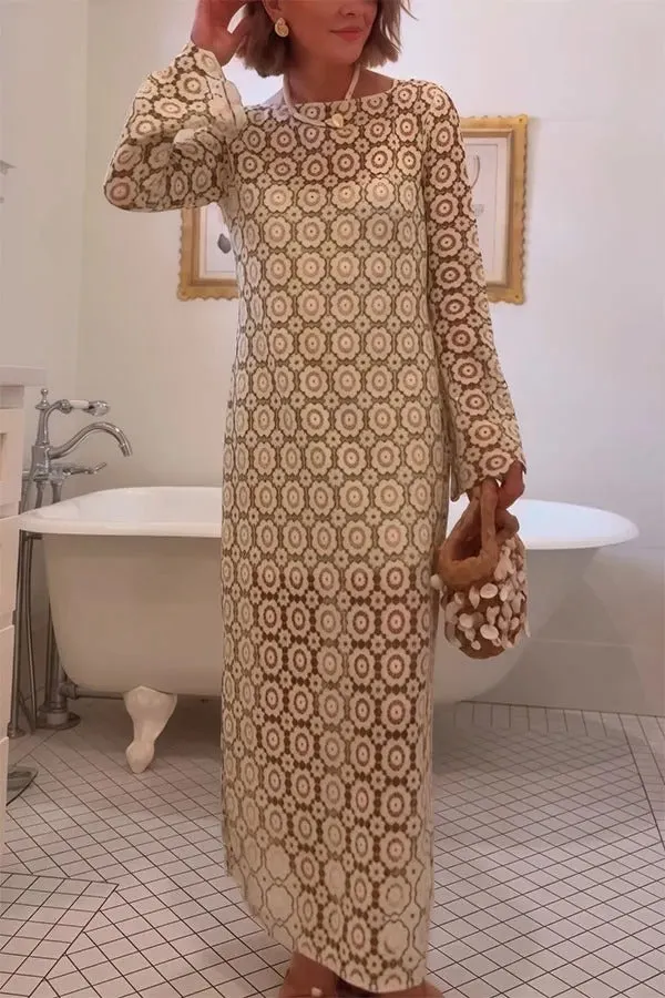 Summer Fashion Floral Crochet Cutout Fabric Long Sleeve Slit Vacation Midi Dress