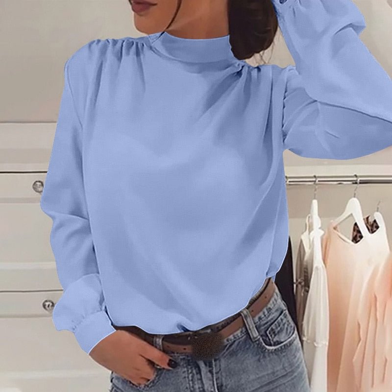 Elegant OL Blouse Celmia Stylish Women Spring Turtleneck Long Sleeve Blouse Solid Casual  Lace-up Back Bow Party Blusas