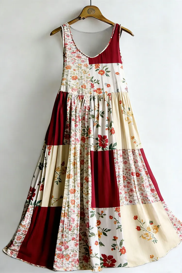 Women's Vintage Floral Colorblock Sleeveless Cotton Dress