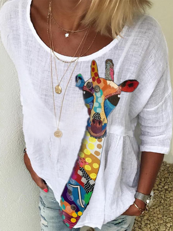 White Crew Neck Floral-Print Long Sleeve Shirts & Tops
