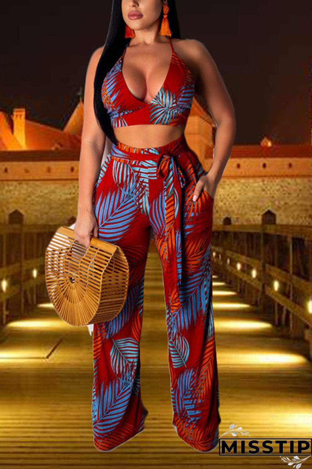 Green Printed Bandage Wide Leg Pants Sling Two-piece Set