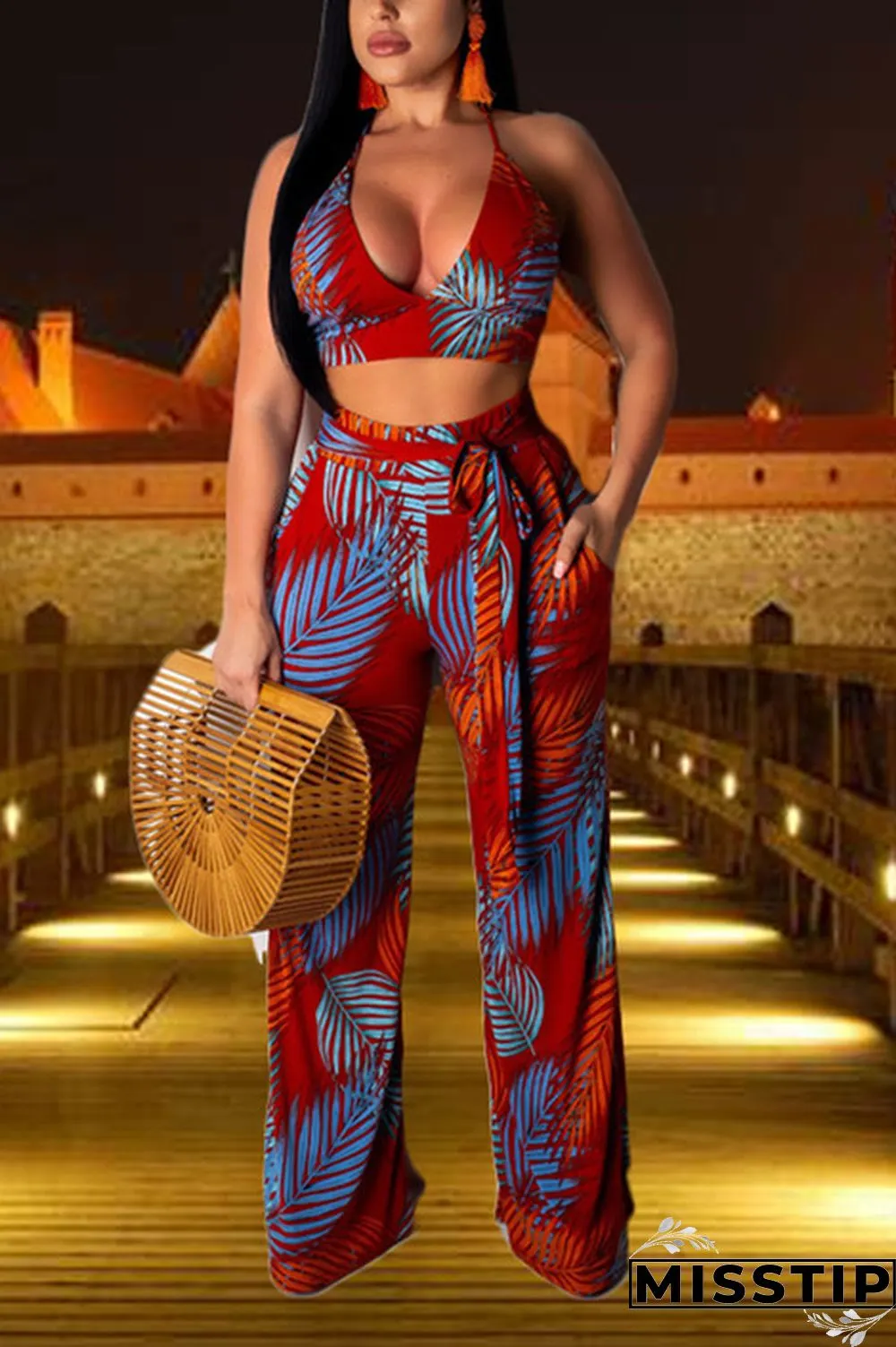 Green Printed Bandage Wide Leg Pants Sling Two-piece Set