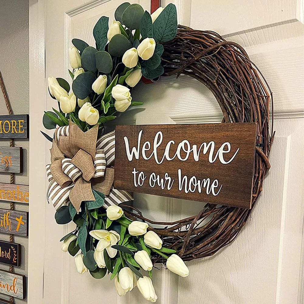 Wooden square brand rattan tulip simulation garland hanging decoration