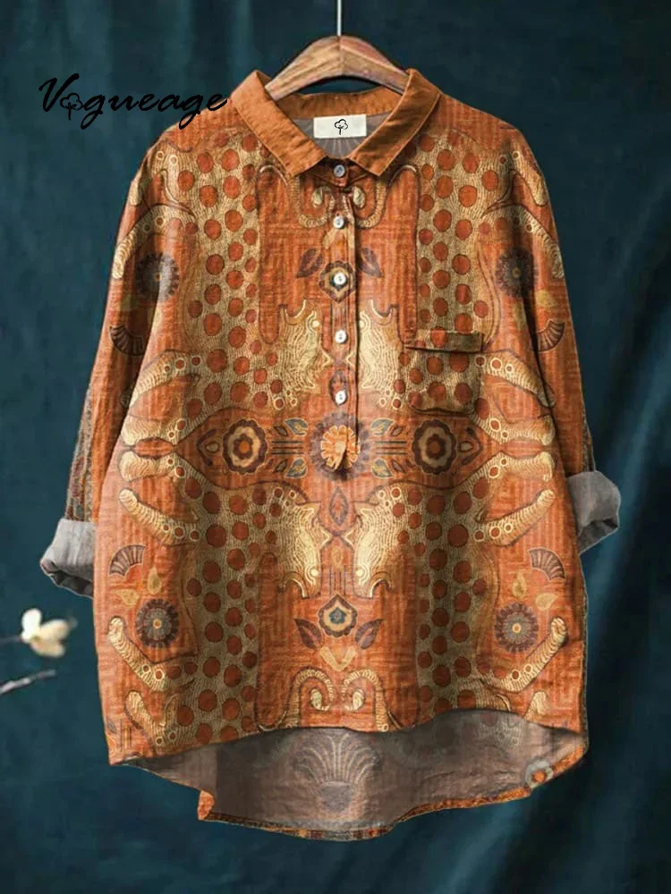 Elegant Simple Casual Symmetrical Leopard Print Cotton And Linen Shirt