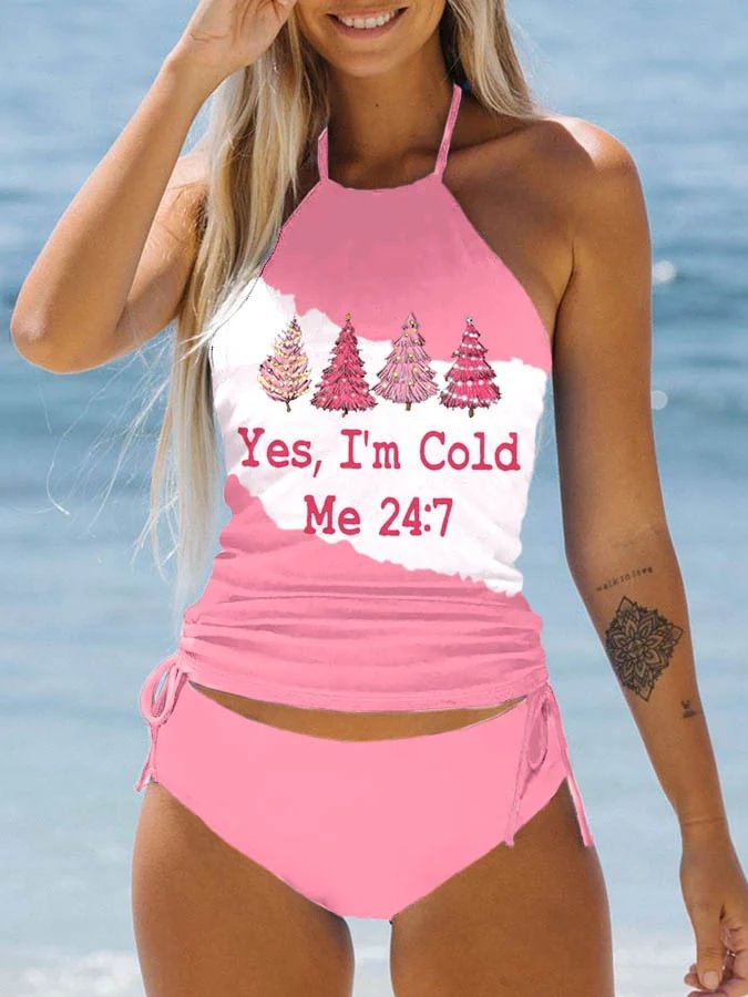Yes I'm Cold Print Lace Up Swimsuit Set