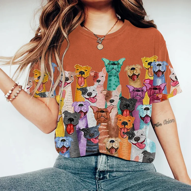 Smile Cute Dogs Photo Printed Casual T-Shirt