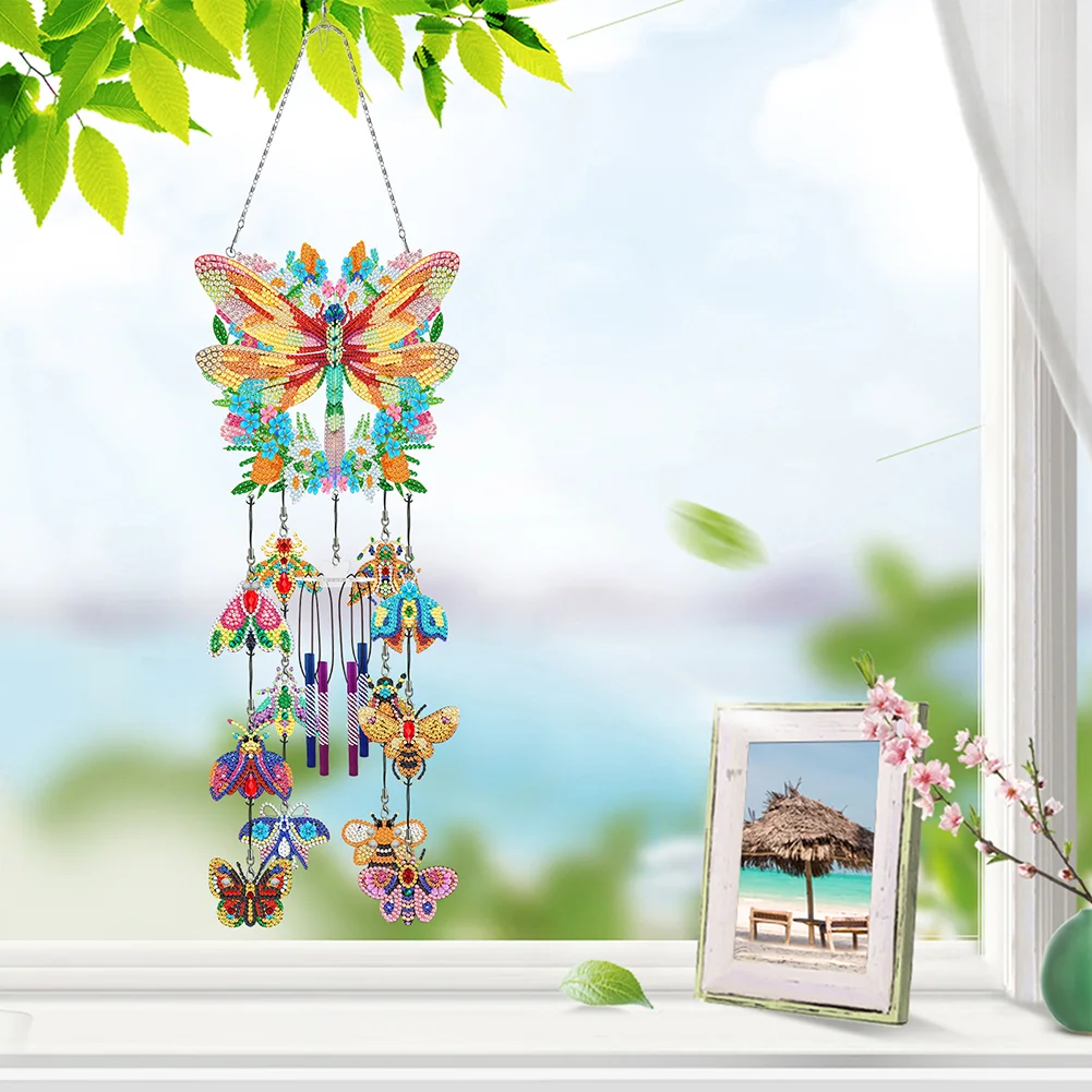DIY Flower Dragonfly Double Side Wind Chime Diamond Art Hanging Pendant for Home Decor