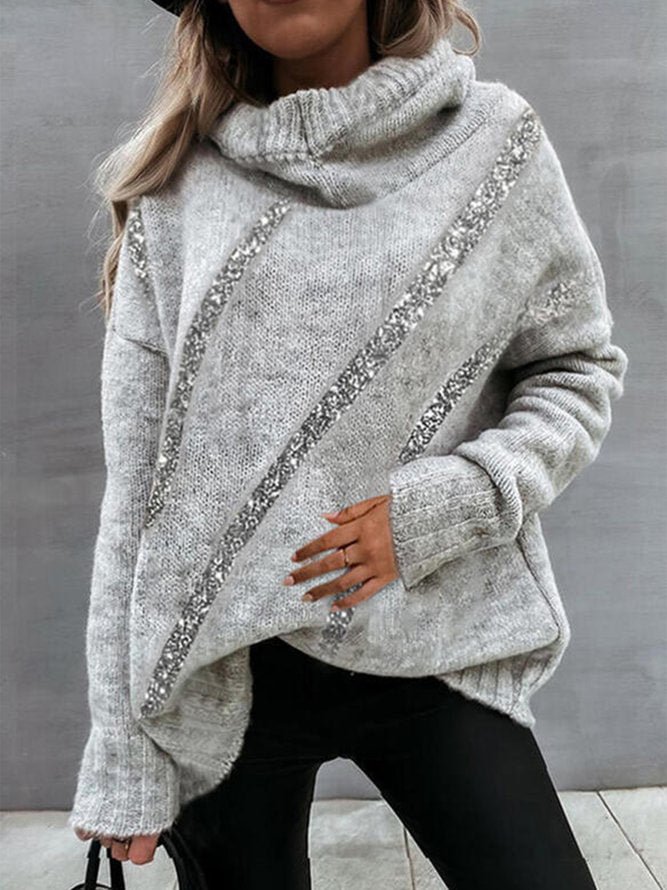 Geometric Loosen Casual High Neck Sweater Knit Top