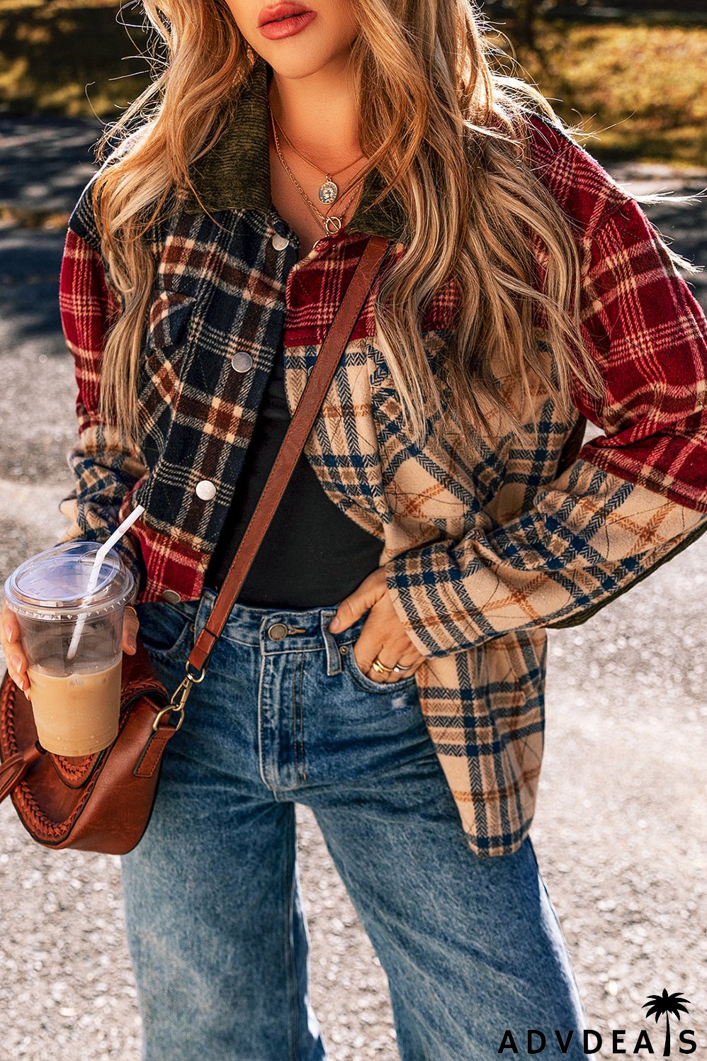 Red Mixed Plaid Patchwork Retro Shacket