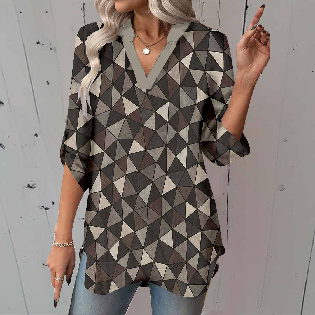 Women Geometric, Black DZGA0392 3/4 Sleeve V-neck Printed Graphic Button Tops