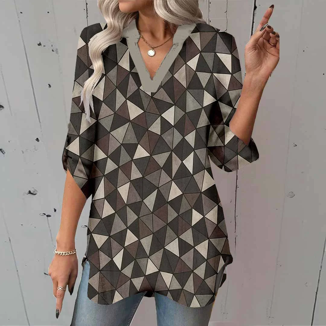 Women Geometric, Black DZGA0392 3/4 Sleeve V-neck Printed Graphic Button Tops
