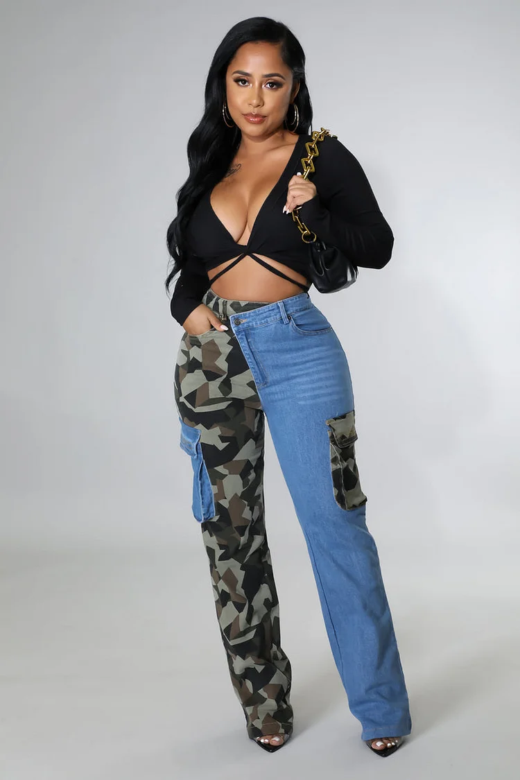 Denim Camo Patchwork Pocket Jeans