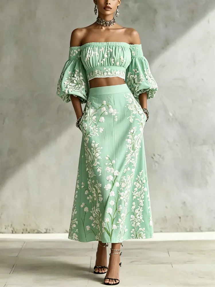 Women's Elegant Off-Shoulder Print Two-piece Set
